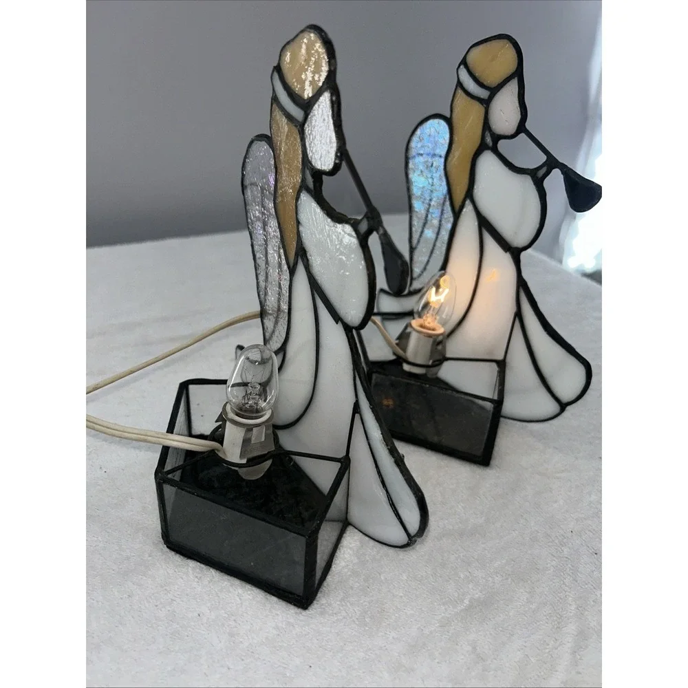 Set Of 2 Stained Glass Angel Accent Glass Metal Tiffany Style Night Lights